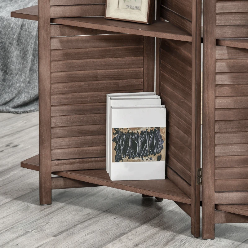HOMCOM Paravento Interno a 4 Pannelli 162L x 170H cm 3 Ripiani Pieghevoli Separatore di Ambiente Porte a Persiana Legno di Paulownia Noce