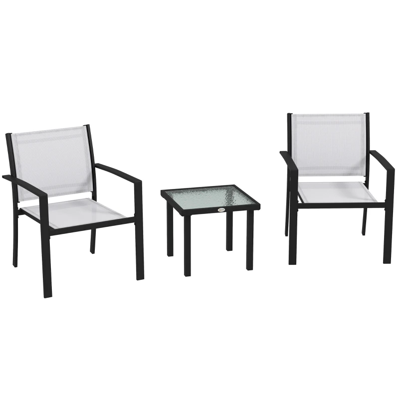 Outsunny Set de Jardín con Tavolino en Vidrio y 2 Sillas Apilables en Tela de Red, Gris Claro