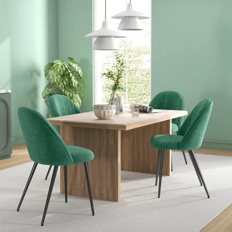 HOMCOM Set 4 Moderne Gepolsterte Stühle mit Gebogener Rückenlehne, in Samteffektstoff und Stahl, 50x52x83 cm, Grün