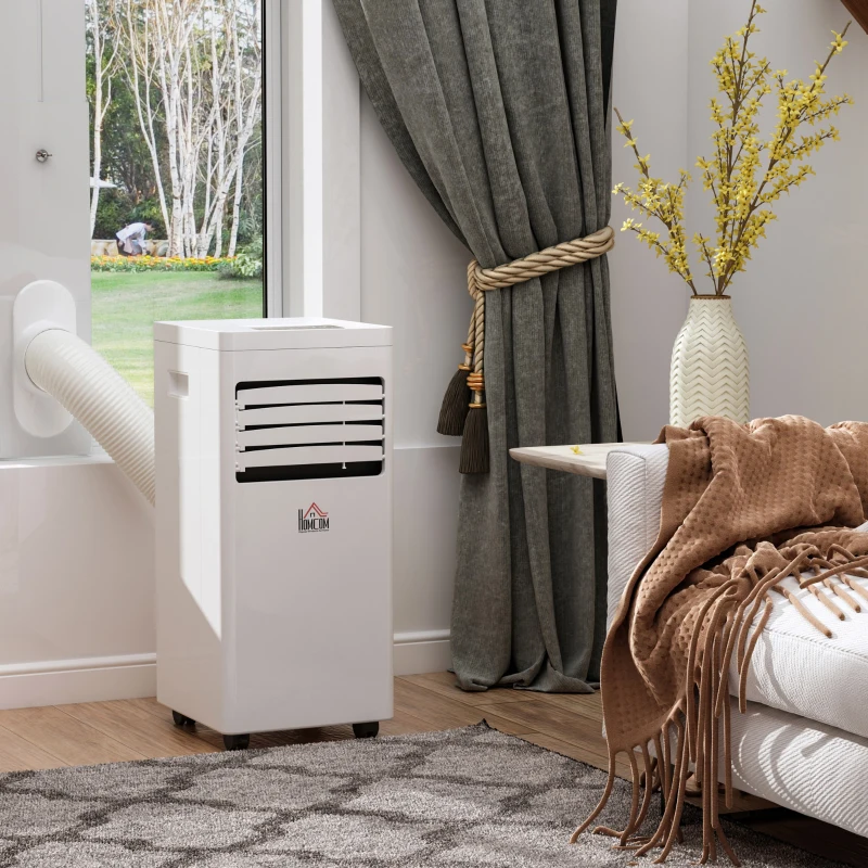 HOMCOM Condizionatore d'Aria Mobile, 7000BTU 3-in-1 Climatizzatore, Raffreddamento, Deumidificazione e Ventilazione, con Telecomando Timer 24h, 2 Velocità, per 10-15 m², Bianco