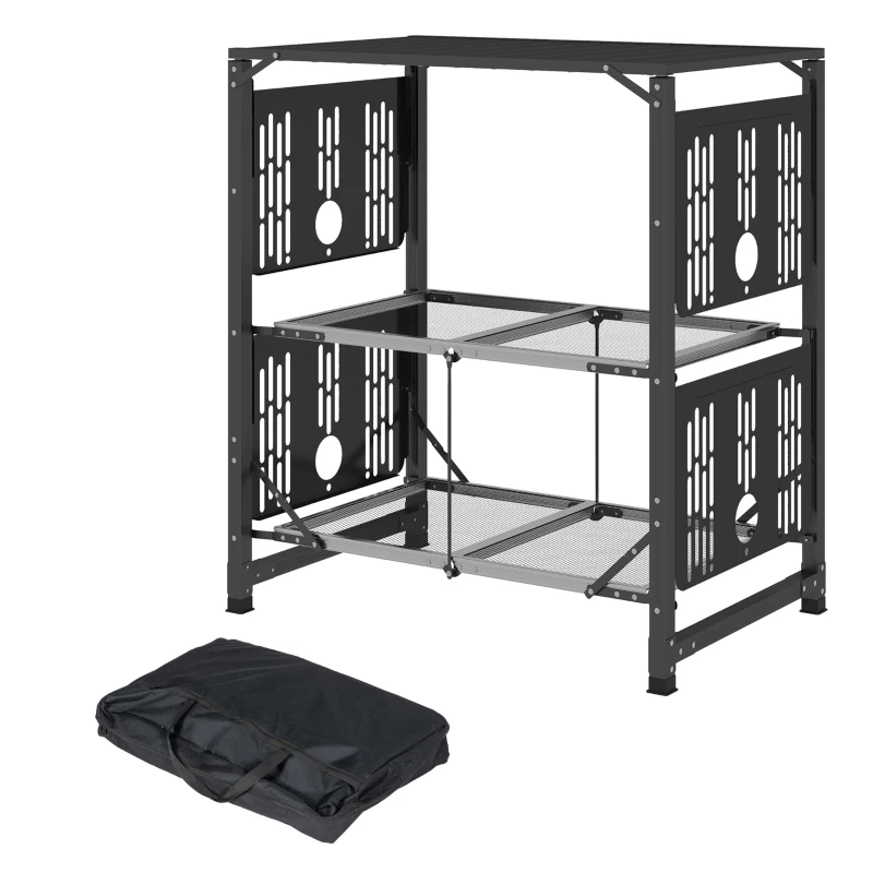 Outsunny Mesa de cocina de camping plegable, acero y aluminio, con bolsa de transporte, 2 mesas, 2 estantes y portavasos