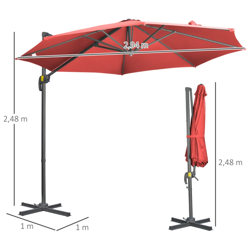 Outsunny Parasol desplazable 3 m octogonal inclinable con manivela y base de acero en Rojo vinoso