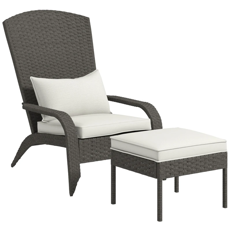 Outsunny Gartenstuhl mit Fußhocker und gepolsterten Kissen, aus Rattan und Stahl, 64x82x89 cm, Grau und Creme