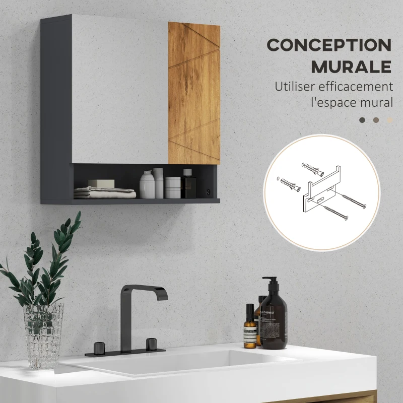 kleankin Armadietto murale specchio da bagno armadietto da parete con ripiani regolabili 2 porte 55 x 17 x 55 cm naturale grigio scuro
