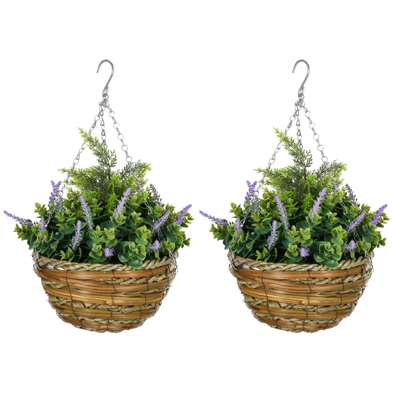 Outsunny Set 2 Künstliche Lavendelpflanze mit Korb und Haken, aus PE und Weide, Ø25x34 cm, Grün und Violett