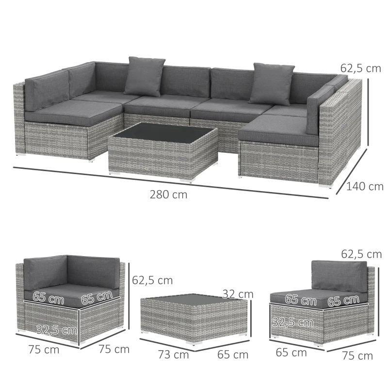 Outsunny Conjunto salón de jardín 7 piezas modulables mesa de café con tapa de vidrio templado cojines desenfundables incluidos Gris