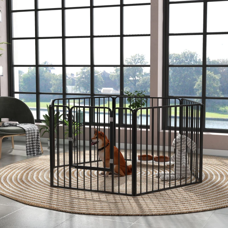 PawHut Parque cerrado modular para perros con 1 puerta, 6 paneles modulares para interior y exterior, altura de 80 cm, acero Negro