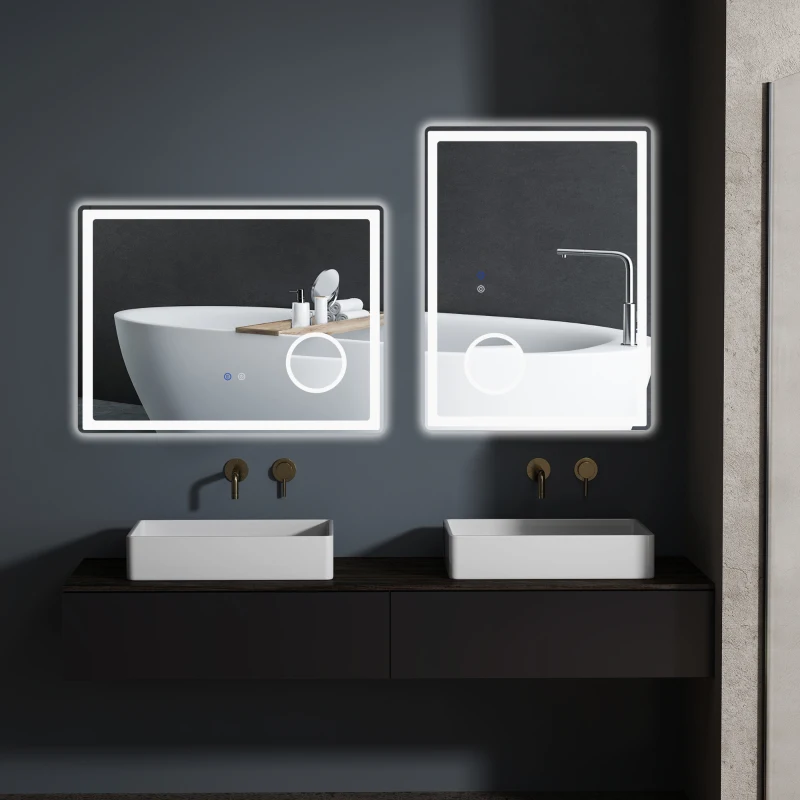 kleankin Specchio da bagno rettangolare a LED con funzione anti-appannamento, luminosità regolabile, specchio ingranditore x3 80 x 60 cm trasparente
