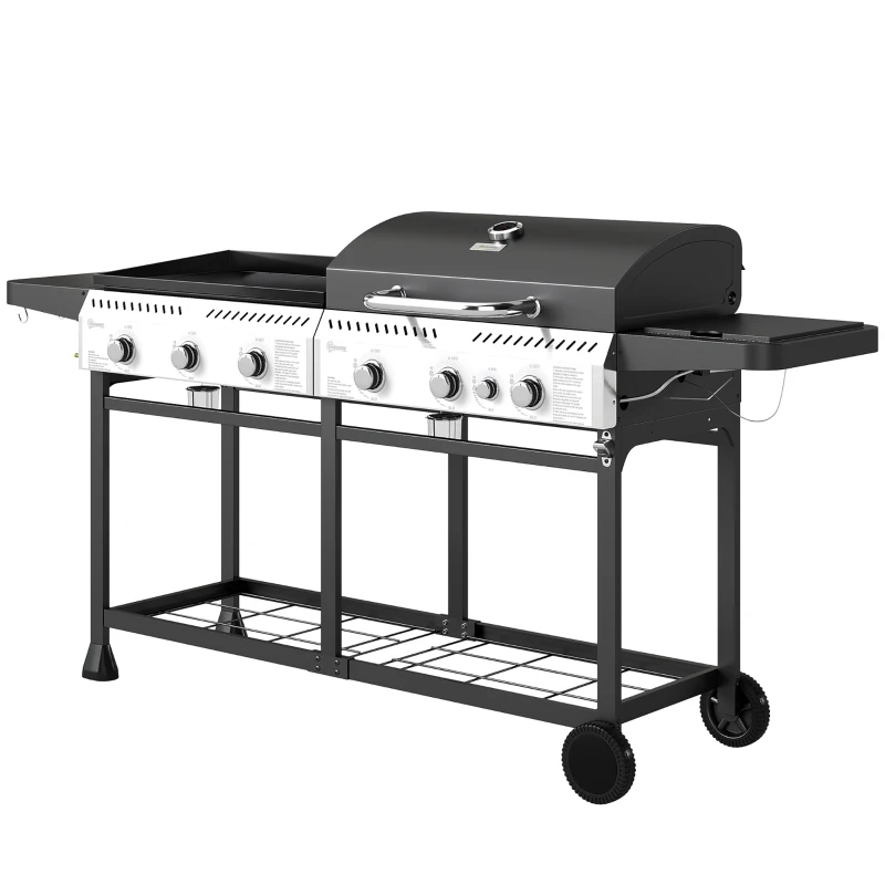 Outsunny Deluxe Duo Gas BBQ, with Grill, Plancha and Side Burner - Black
