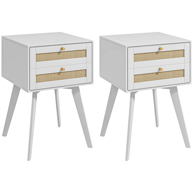 HOMCOM Set di 2 comodini con 2 cassetti frontali in rattan intrecciato, stile bohémien, 40 x 40 x 60 cm, Bianco