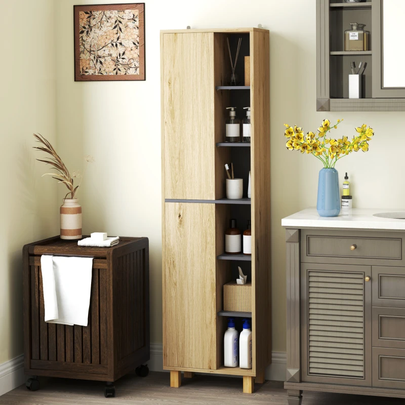 HOMCOM Mobile colonna bagno, armadio bagno con 6 scomparti aperti e 2 armadi, legno naturale