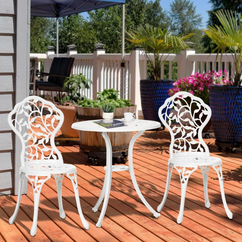 Outsunny Gartenmöbelset 3-teilig aus weißem Aluminium, 2 Außenstühlen 45x42x85,5 cm und rundem Tisch Ø61x66,5 cm