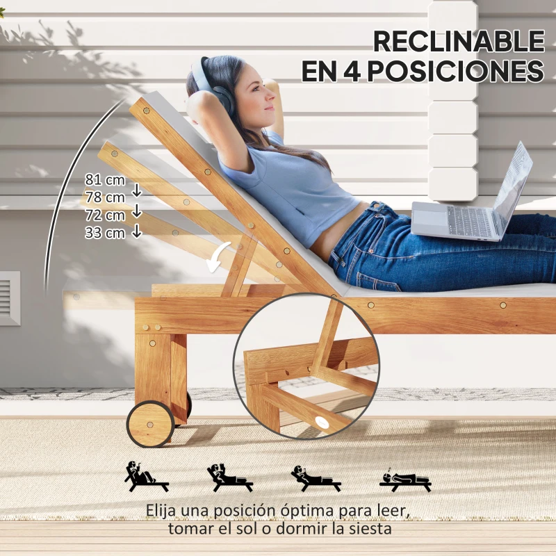 Outsunny Tumbona de Jardín con Respaldo Ajustable Ruedas Integradas y Estructura de Madera de Acacia Capacidad de 160 kg Gris