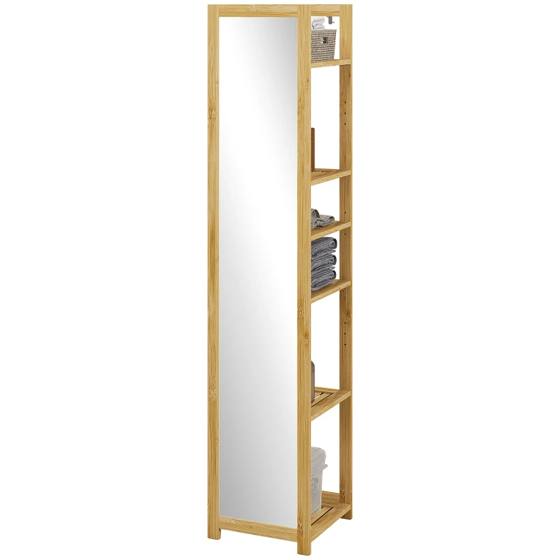 HOMCOM Scaffale da Bagno con Specchio e 6 Ripiani a Doghe in Bambù, 35x35x168cm, Colore Legno