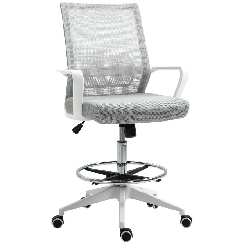 Vinsetto Silla de oficina de asiento alto ajustable 64x59x104-124 cm taburete de oficina giratorio 360° malla transpirable Grisy Blanco