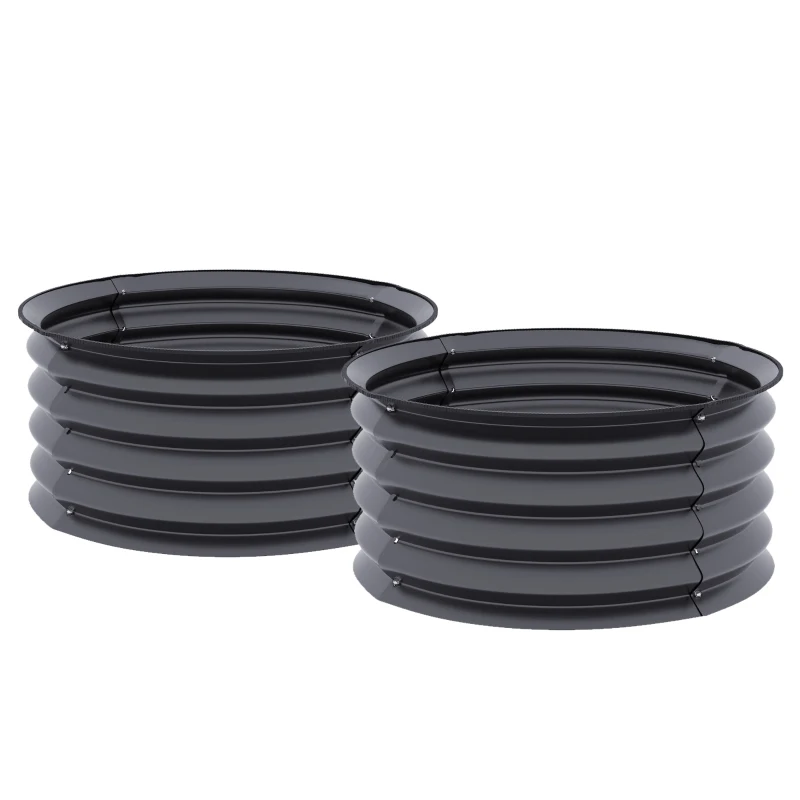 Outsunny Ensemble de 2 Bacs à Plantes Galvanisés, Ø60 x 30H cm Pots de Fleurs avec Sol Ouvert pour différentes plantes, Gris foncé