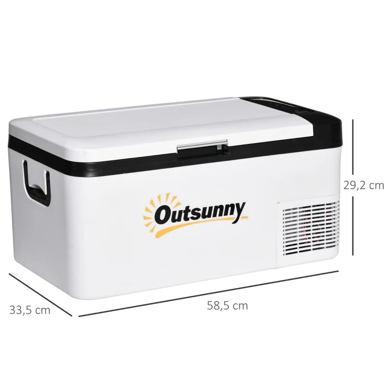 Outsunny Mini Réfrigérateur Électrique 18L 12/24V jusqu'à -20℃ Réfrigérateur et Congélateur à Compression pour Voiture avec Lumière LED et Poignées Pliables Faible Consommation d'Énergie pour Maison Camping 58,5x33,5x29,2 cm Blanc