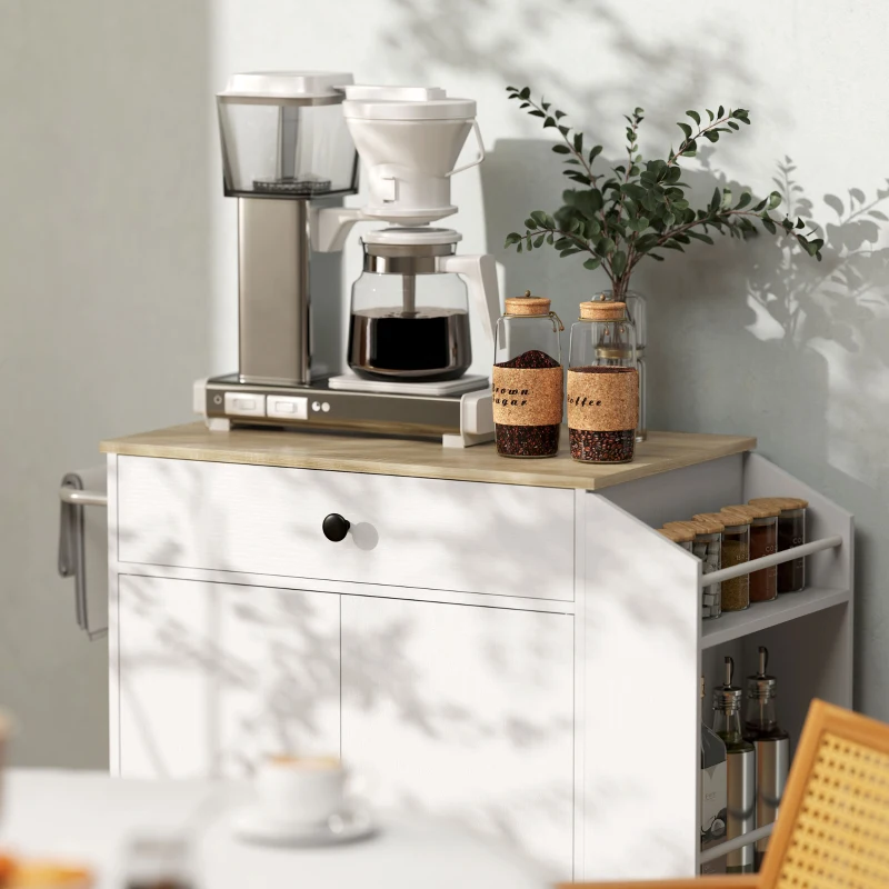 HOMCOM Carrello da Cucina con Cassetto, Armadio, Scaffale per Spezie, Portasciugamani, 82 x 38 x 86.5 cm, Bianco e Quercia
