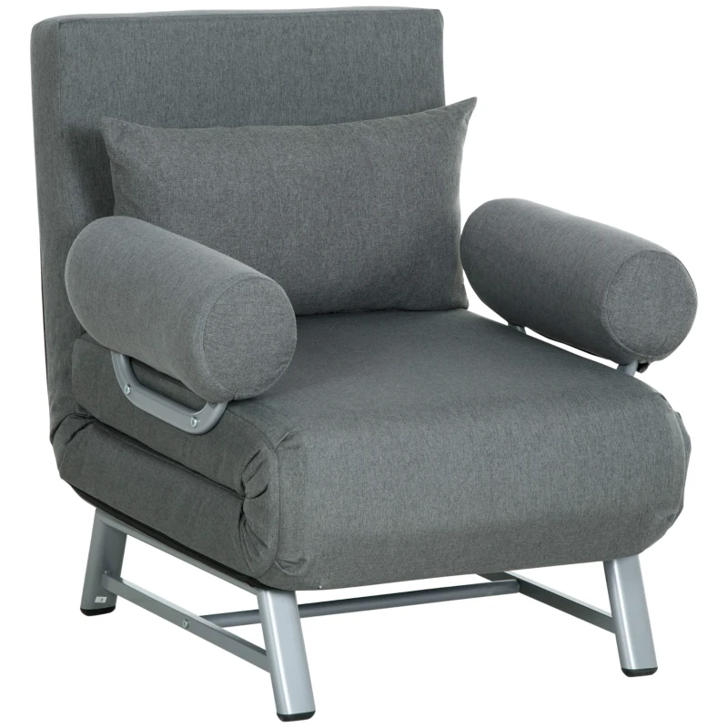 HOMCOM Poltrona letto poltrona convertibile reclinabile 1 Posto Grande Comfort Cuscino lombare braccioli in metallo Lino Grigio Scuro