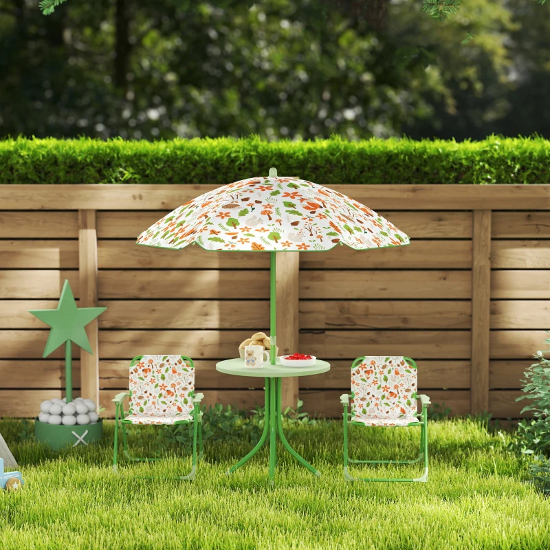 AIYAPLAY Kinder-Gartenmöbel-Set im Freien 4-teilig, Elefanten- und Giraffenmotiv, verstellbarer Ø 100 cm Sonnenschirm, klappbarer Stuhl