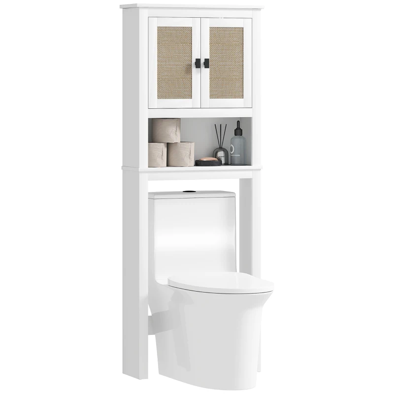 HOMCOM Mobile sopra Inodoro con 2 Porte con Frontale di Rattan Vano e Ripiano Regolabile 60x19,5x160 cm Bianco