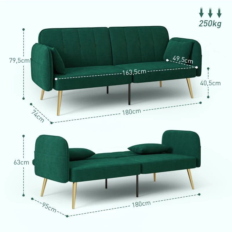 HOMCOM 2-Sitzer-Schlafsofa mit Klick-Klack-Mechanismus, Veloursbezug, verstellbarer Rückenlehne, Dunkelgrün