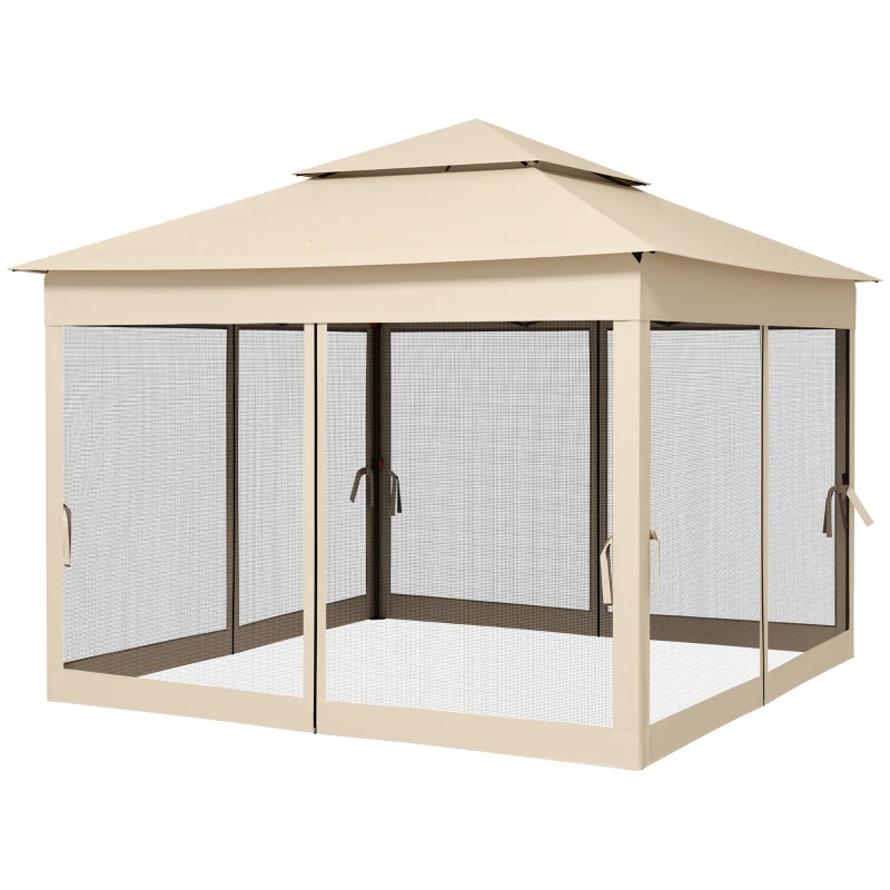 Outsunny Gazebo da Giardino Pop-up Pieghevole 3 x 3 m, in Poliestere Impermeabilizzato Anti-UV, con Zanzariere e Sacca di Trasporto, Struttura in Metallo, Crema