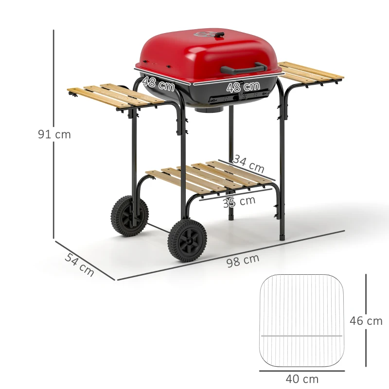 Outsunny Barbecue a Carbone con 3 Ripiani e Ruote, Coperchio con Presa d'Aria Regolabile, Rosso