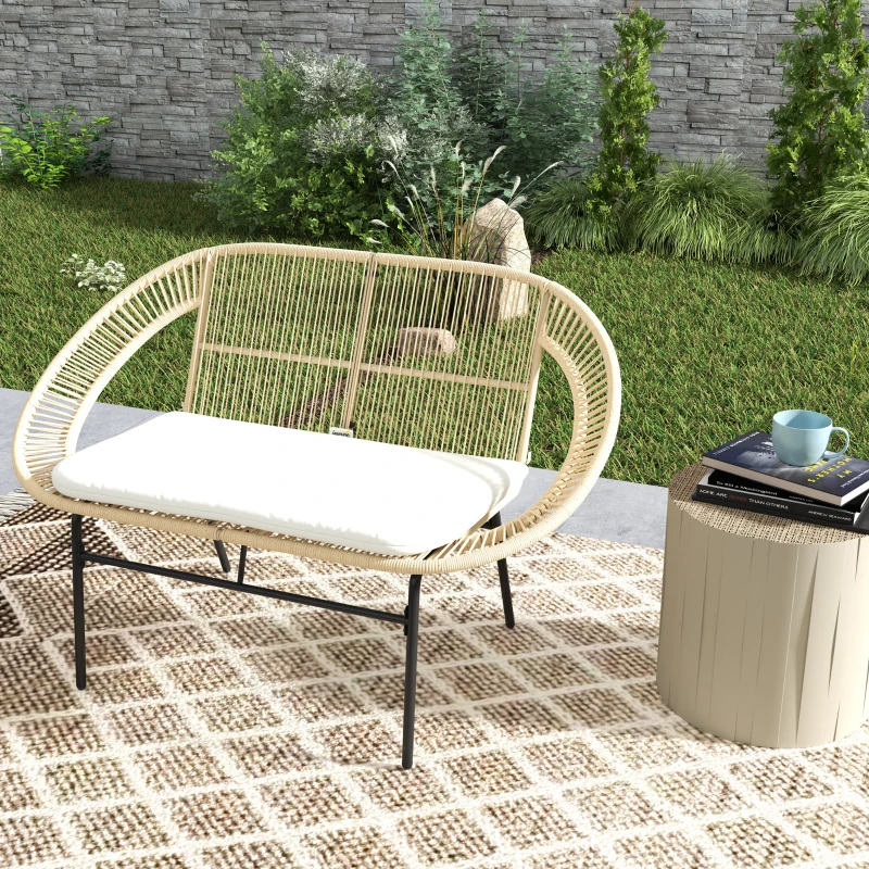 Outsunny Gartenbank 2-Sitzer, Gartenbank im Freien aus Stahl im Acapulco-Stil, mit Rücken- und Sitzkissen, 126 x 72 x 83 cm, Khaki