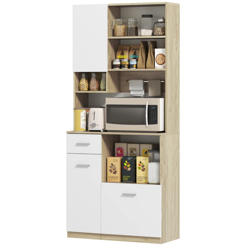HOMCOM Armario de cocina alto Mueble de Almacenamiento moderno con estantes ajustables cajón Blanco y acabado de madera