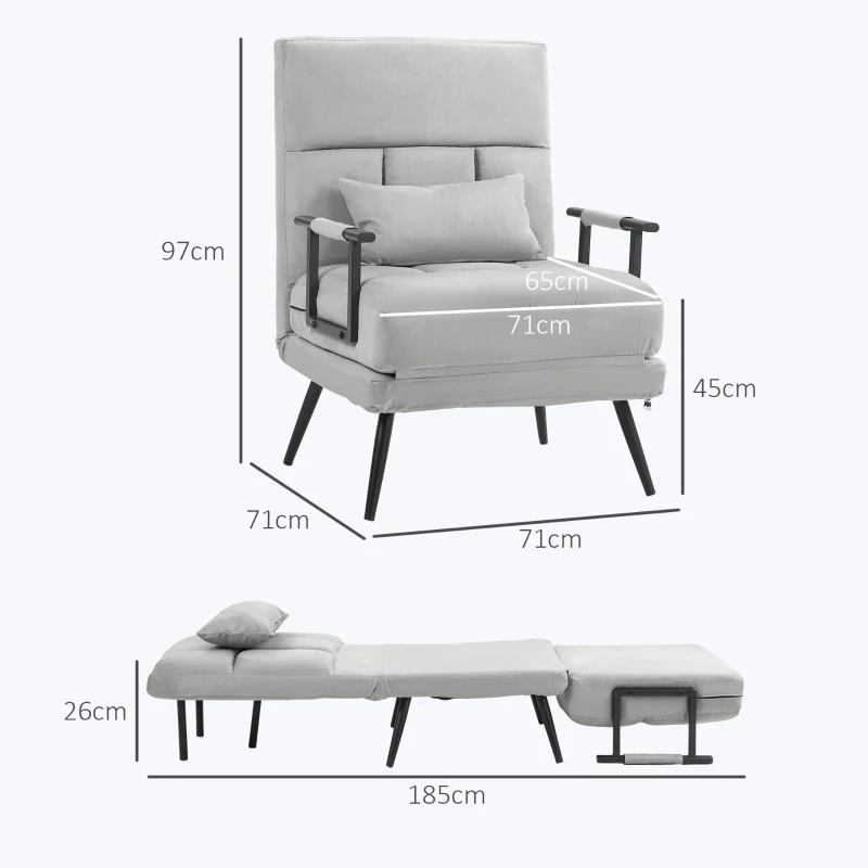 HOMCOM Sillón convertible 3 en 1 cama 1 lugar respaldo reclinable 5 posiciones apoyabrazos y cojín tela efecto terciopelo Gris