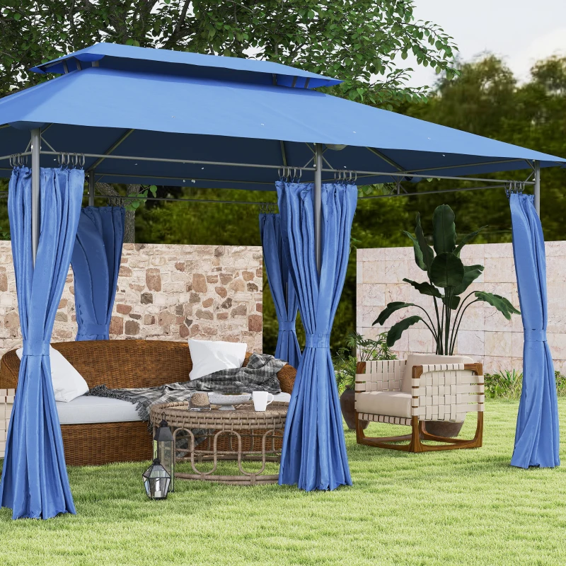 Outsunny Gazebo da giardino 3 x 4 m tenda da ricevimento con 6 tende staccabili a doppio tetto per patio, festival, blu scuro