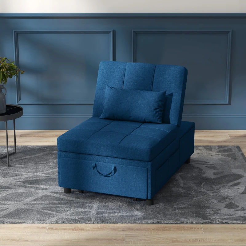 HOMCOM Sofá cama convertible 1 plaza sillón cama con respaldo ajustable asiento acolchado y almohada Azul