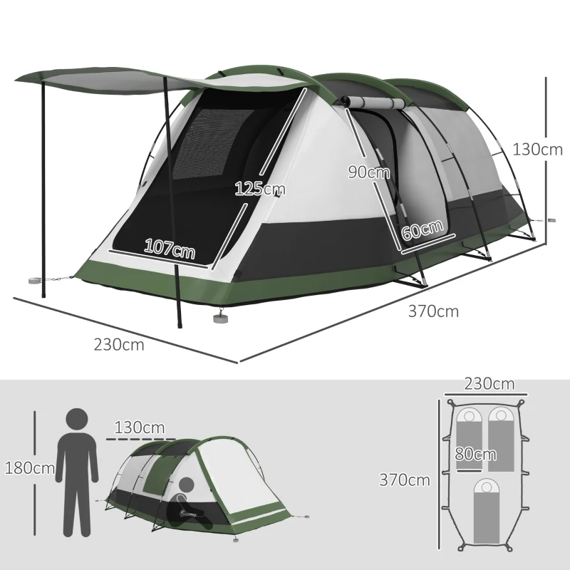 Outsunny Tienda de camping familiar 3-4 pers. - tienda túnel con porche impermeable 3000 mm ligera y ventilada fácil de montar