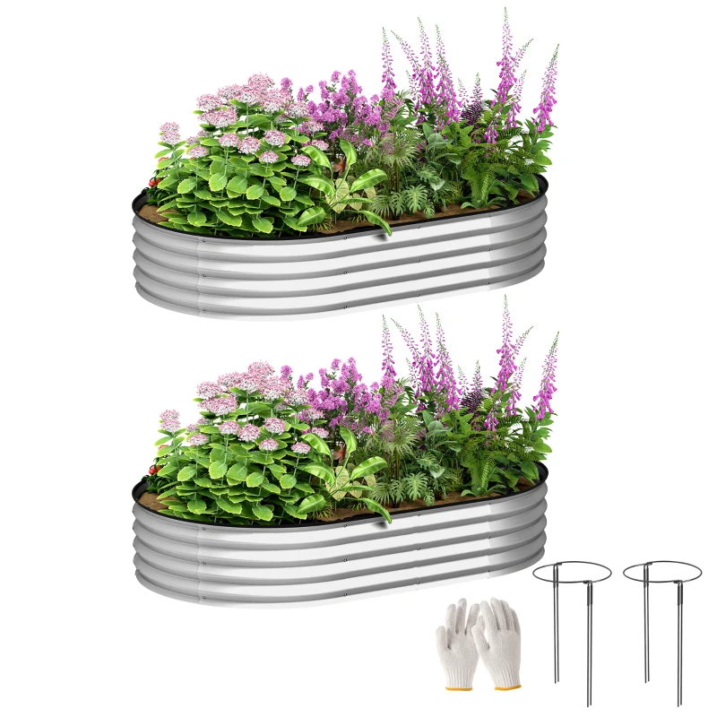 Outsunny Set aus 2 erhöhten, verzinkten Stahl-Pflanzkästen, Gartenbett-Kit, Gummiumrandung, 152 x 91 x 30 cm, Silber