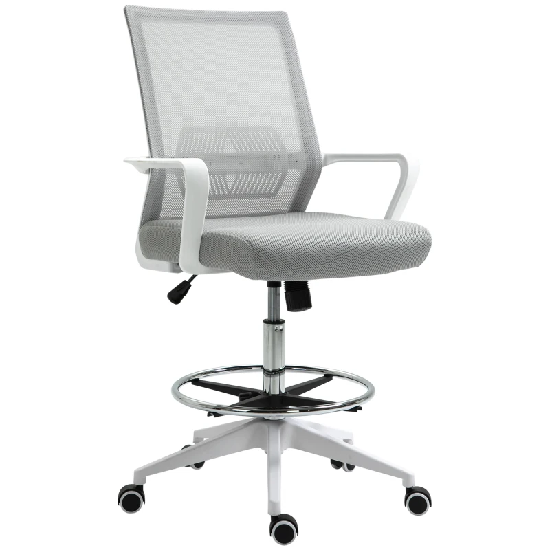 Vinsetto Silla de oficina de asiento alto ajustable 64x59x104-124 cm taburete de oficina giratorio 360° malla transpirable Grisy Blanco
