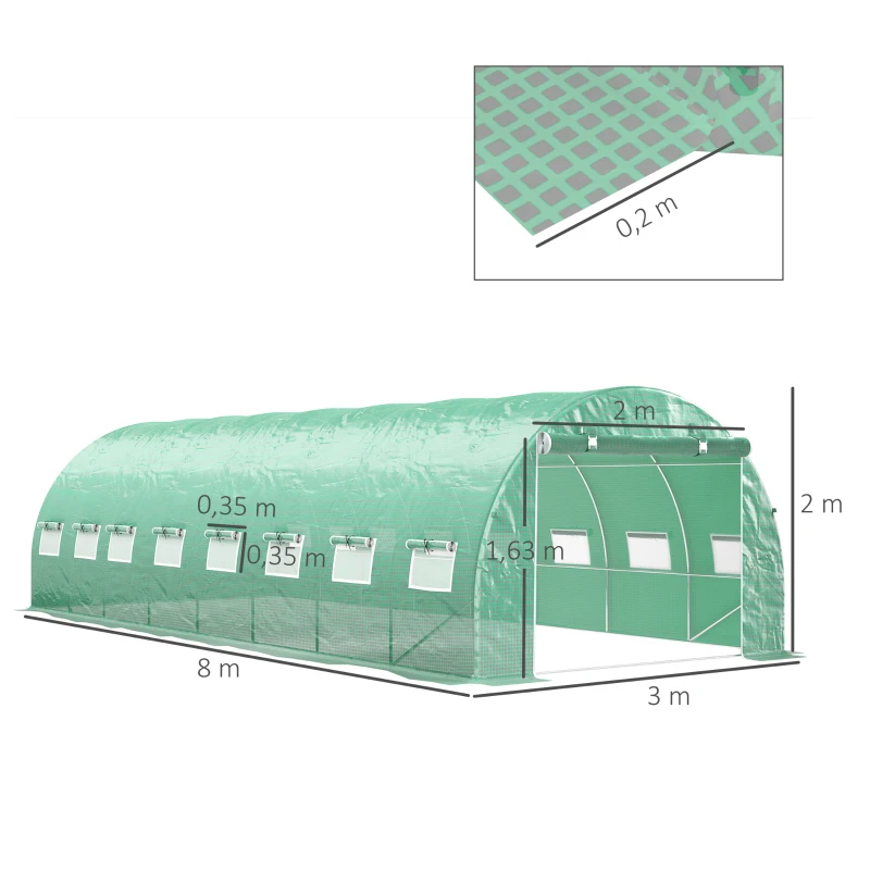 Outsunny Invernadero de jardín túnel 24m² 8x3x2 m - 16 ventanas, Puerta con Cremallera enrollable acero galvanizado, cubierta PE, Verde