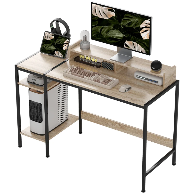 HOMCOM Scrivania per computer con scaffali laterali regolabili e telaio in acciaio, Rovere