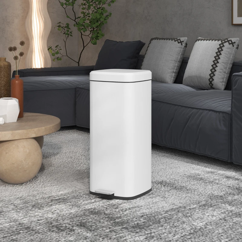 HOMCOM Bidone della spazzatura da cucina 30L con coperchio a chiusura morbida e pedale, secchio interno removibile, 28L x 35l x 63,5H cm, bianco