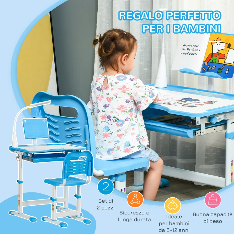 HOMCOM Ensemble Bureau d'École avec Chaise pour Enfants 6-12 Ans Hauteur et Inclinaison Réglable, Bleu