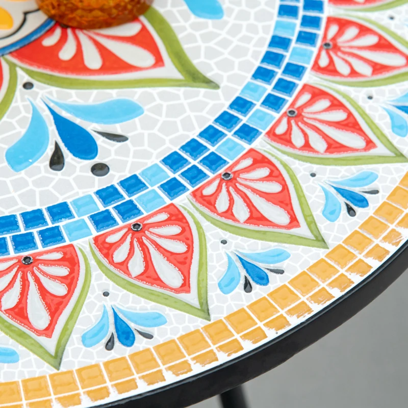 Outsunny Mesa de Jardín Mosaico Redonda Mesita Auxiliar Bistró con Placa de Mosaico de Cerámica Metal Rojo+Azul+Blanco 60 cm