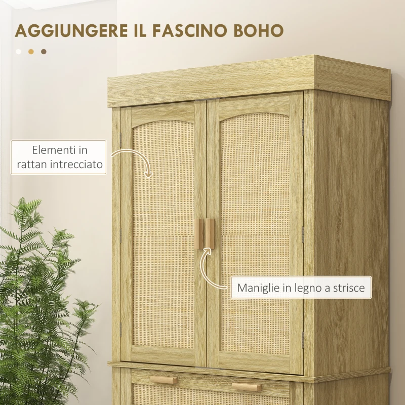 HOMCOM Credenza Cucina Stile Boho con 2 Armadietti, Cassetto e Portaspezie in Legno e Rattan, 76x40x183cm, Rovere