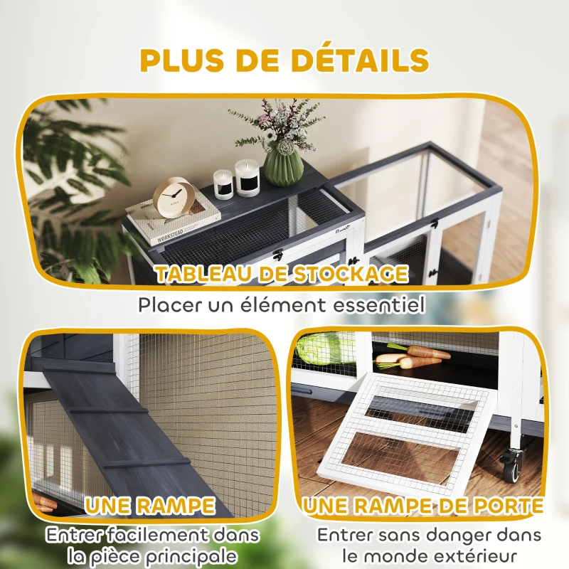 PawHut Conejera de madera de 2 pisos con ruedas, 3 bandejas, para 2-3 conejos, 147x45x89,5 cm, Gris