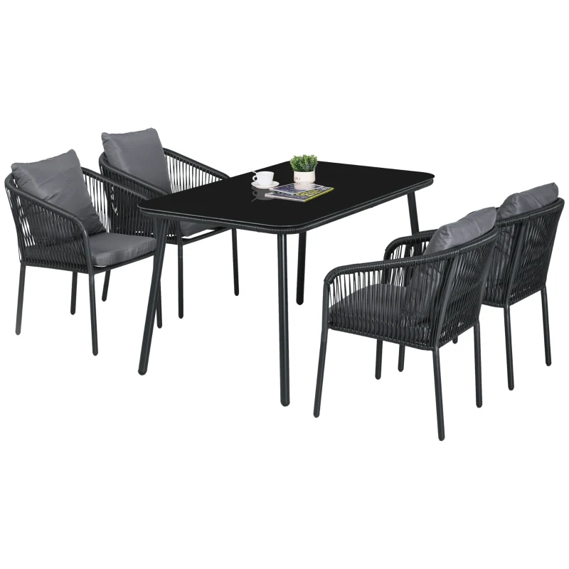 Outsunny Set da Giardino per 4 Persone in Rattan PE con Sedie Impilabili e Cuscini, Piano in Vetro Temperato, Struttura in Alluminio, Grigio