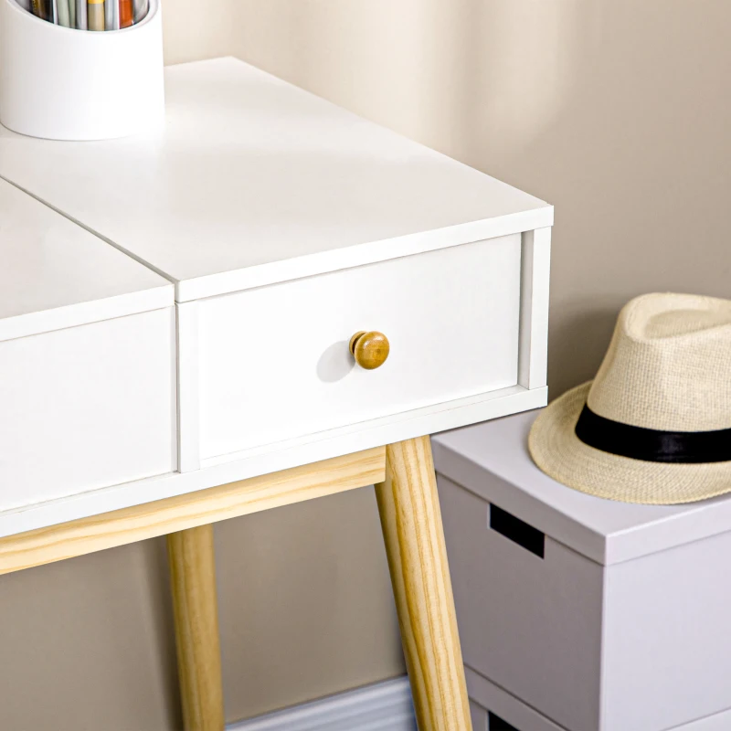 HOMCOM Set di Toeletta con Sgabello, 2 Cassetti e Specchio Ribaltabile, Stile Scandinavo, 100 x 45 x 118 cm, Bianco