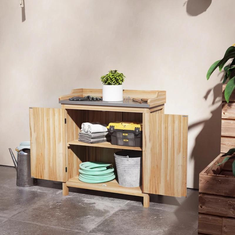 Outsunny Armadio da giardino con 2 ripiani e piano zincato in legno di pino