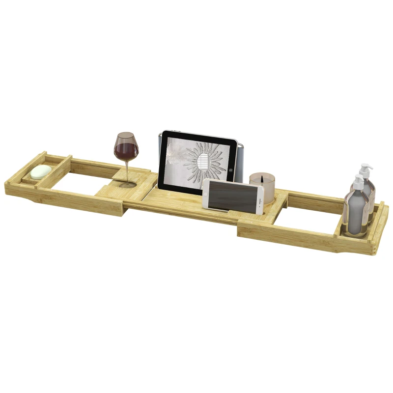 HOMCOM Badewannenregal ausziehbarer Bambus mit Getränkehalter und Seifenschale, 75-109 x 23 x 4,5 cm