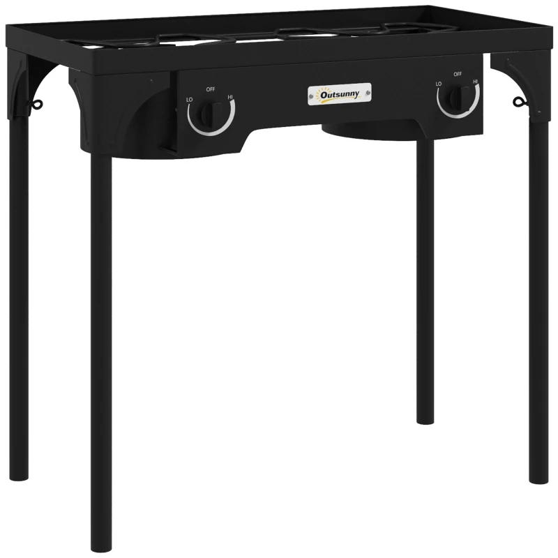 Outsunny Fornello con 2 Bruciatori a Gas Propano Portatile 150.000 BTU/h con 2 Piedi Rimovibili per Esterno, Campeggio, Metallo Fuso, Nero