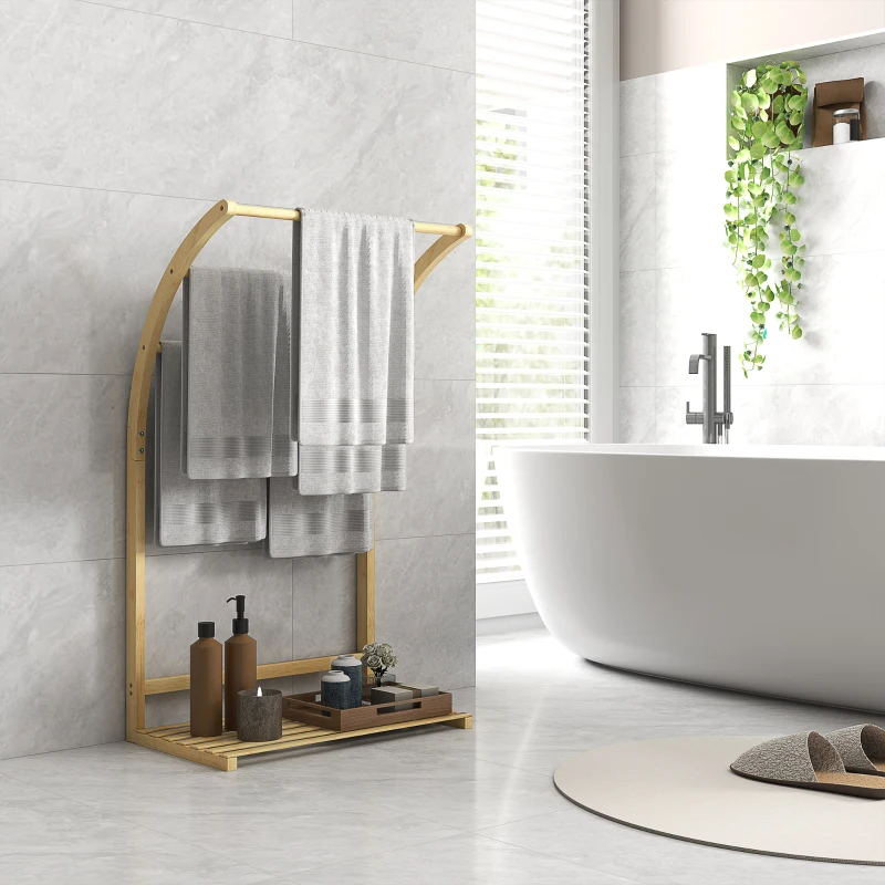 HOMCOM Bambus Handtuchständer mit 3 Stangen und Regal, für Badezimmer und Waschküche, naturbelassene Oberfläche