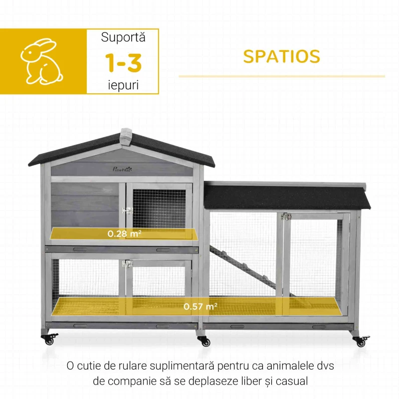 PawHut Cușcă pentru Iepuri cu 2 Niveluri, 6 Roți, Tavă Detașabilă, Rampă și Plasă Metalică, 157.4x53x99.5 cm, Gri